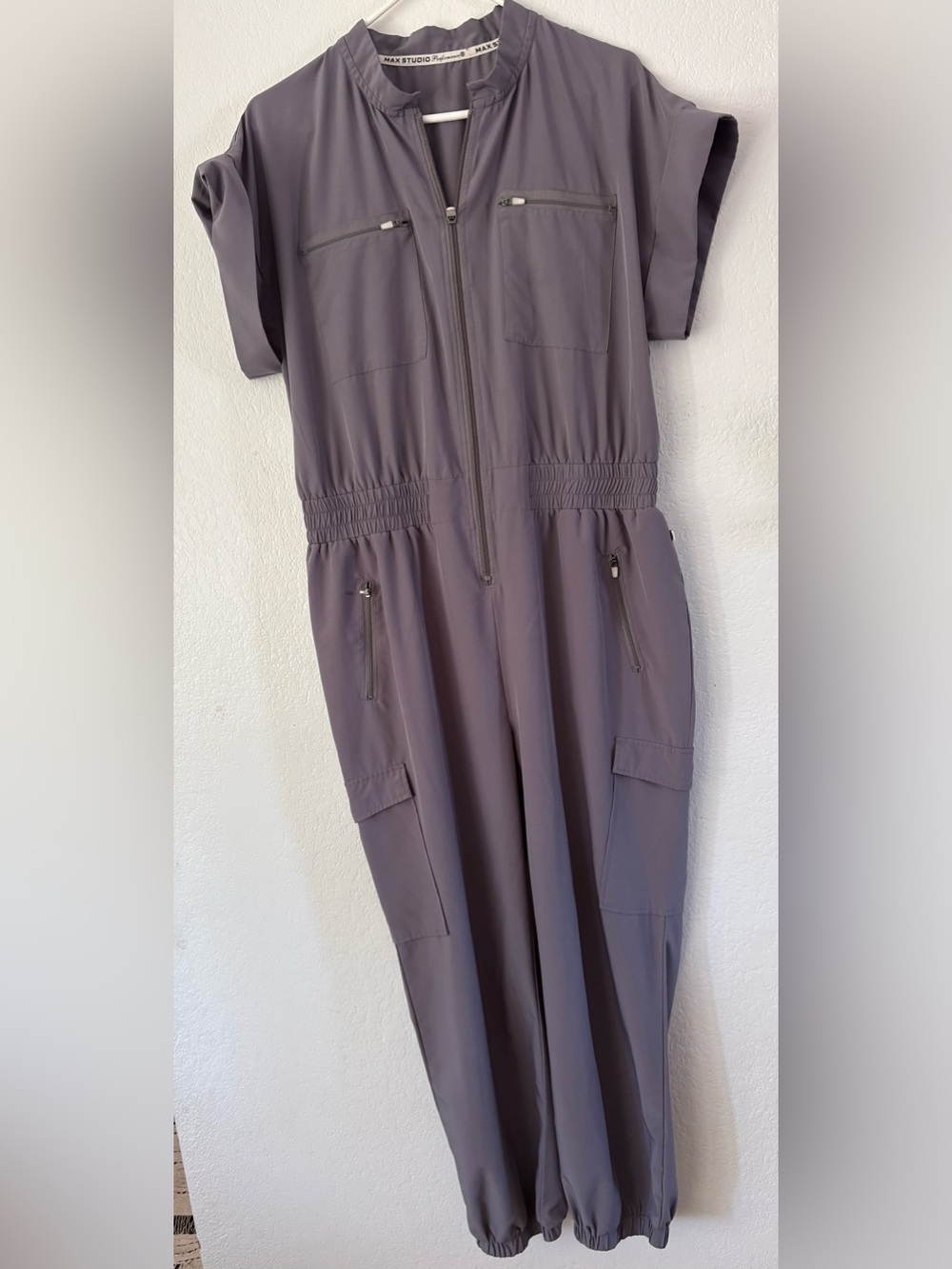 Max Studio women’s Performance Utility Jumpsuit Dusty Periwinkle Cargo